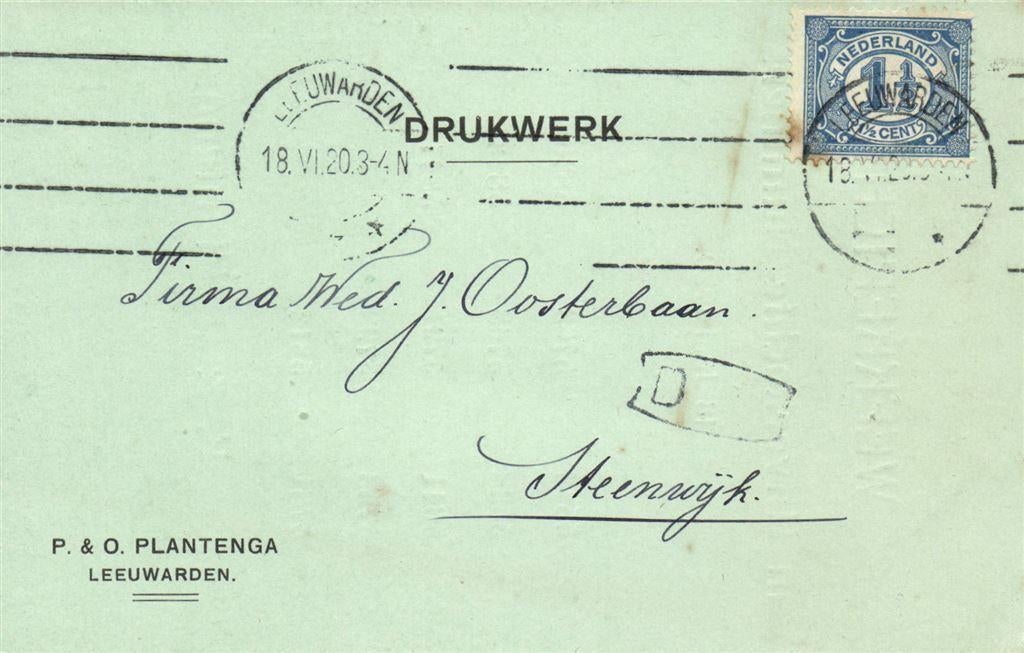 P.+O. Plantenga, Leeuwarden - 06.1920 - drukwerk, Ophalen of Verzenden, Briefkaart