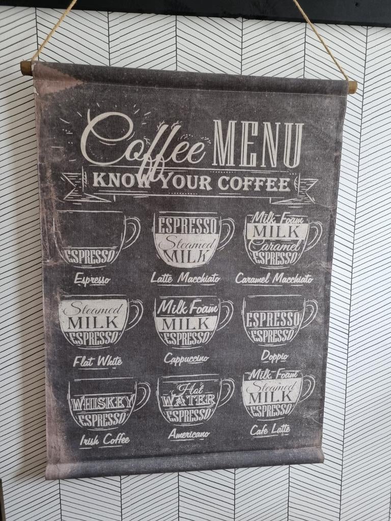 Poster, doek, coffee menu, 83 x 64 cm, Ophalen of Verzenden