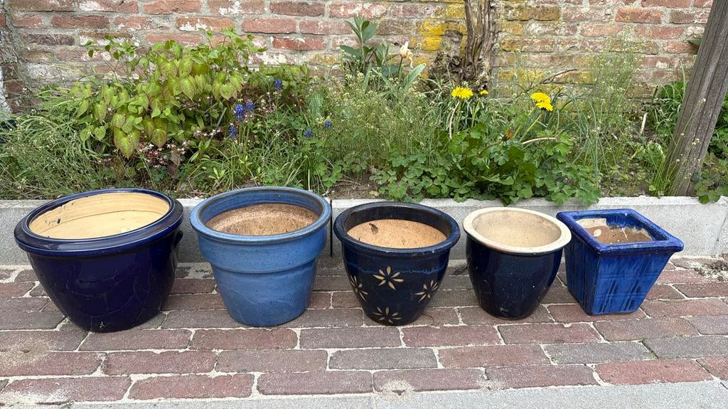 Keramische grote blauwe bloempotten buiten 5 stuks, Ophalen, Rond, Binnen, Zo goed als nieuw
