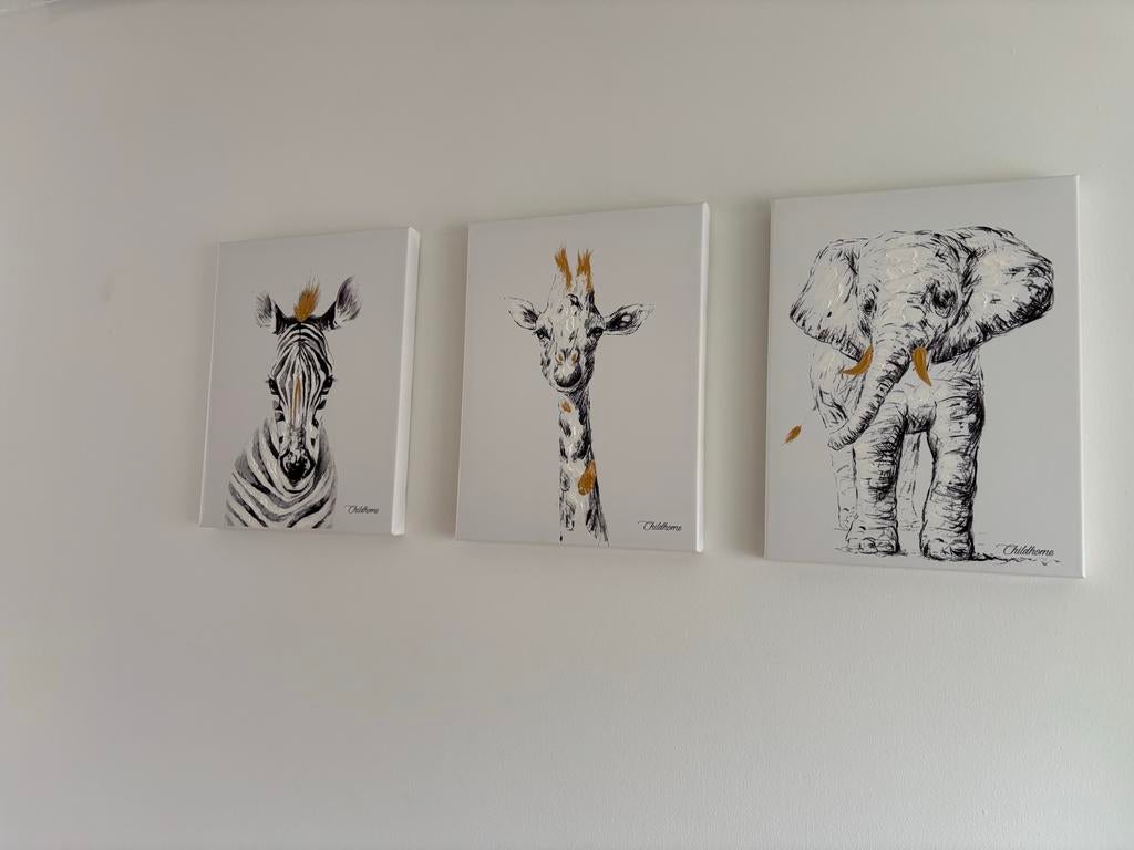 Set van 3 muurschilderijen met dieren, Ophalen of Verzenden, Gebruikt, Schilderij, Minder dan 50 cm