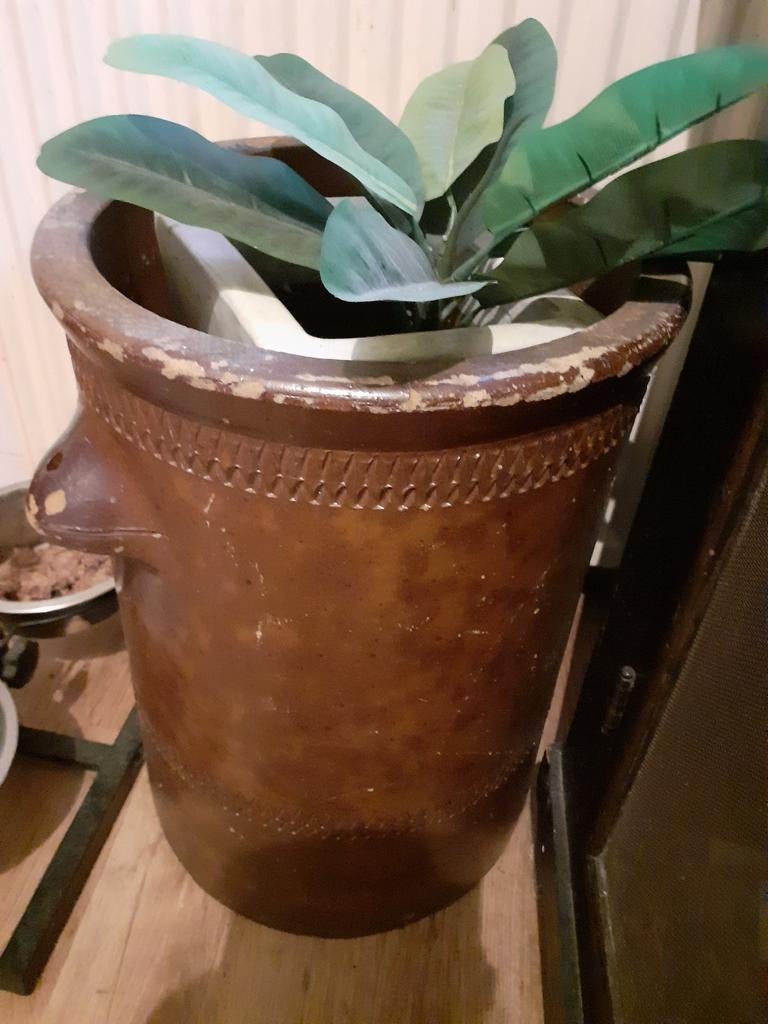 Hele grote bruin Franse gres pot met oren, Ophalen of Verzenden