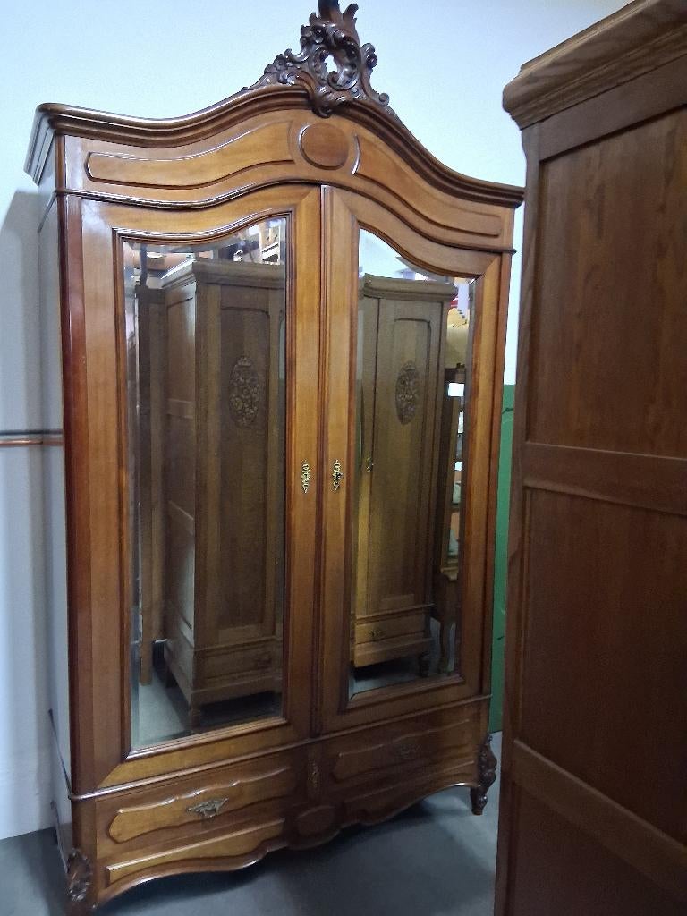 antieke mahonie kuif linnenkast kleerkast spiegeldeuren, Ophalen of Verzenden