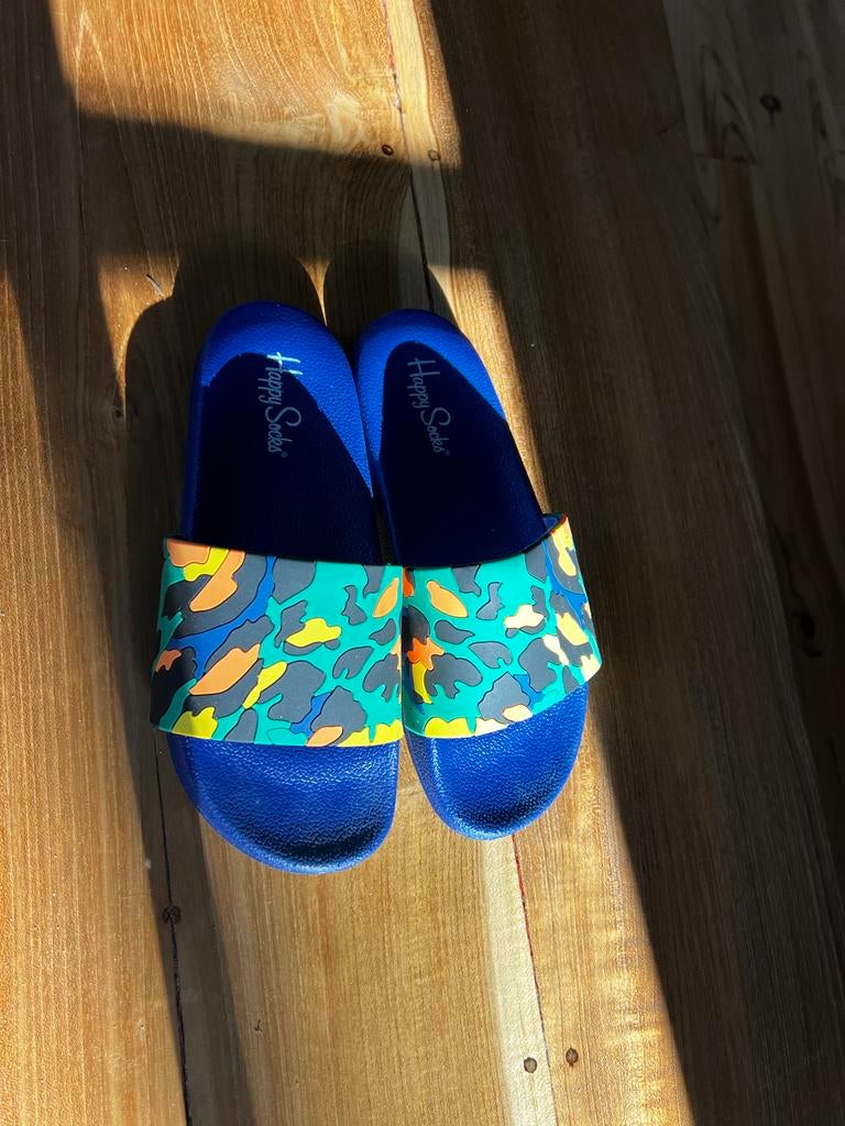 Happy Socks slippers dierenprint maat 39, Ophalen of Verzenden, Zo goed als nieuw, Blauw, Slippers