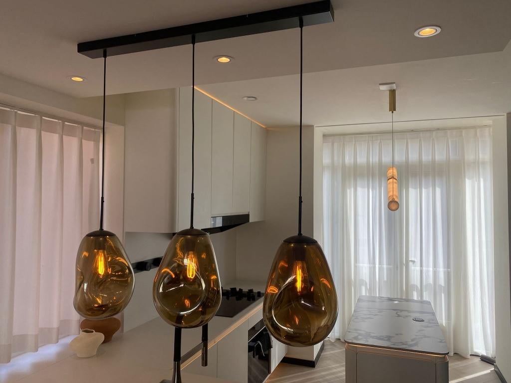 Design hanglamp 3-lichts amber glas – incl. lampen, Ophalen, Zo goed als nieuw, Glas, 50 tot 75 cm