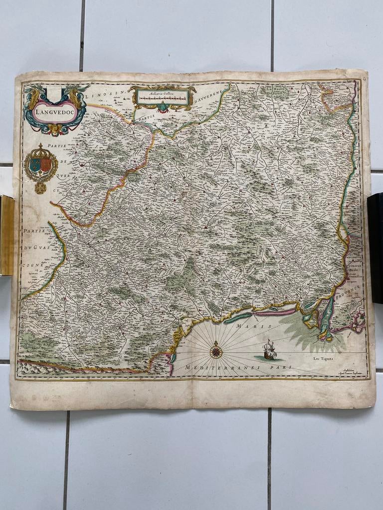Antieke landkaart Lanquedoc 1636, Boeken, Atlassen en Landkaarten, Voor 1800, Ophalen of Verzenden, Nederland, Landkaart