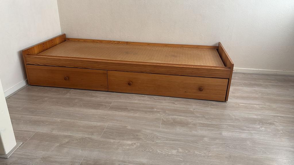 Houten 1 persoons bed met opberglades, Huis en Inrichting, Slaapkamer | Bedden, Ophalen, Gebruikt, 90 cm, Eenpersoons