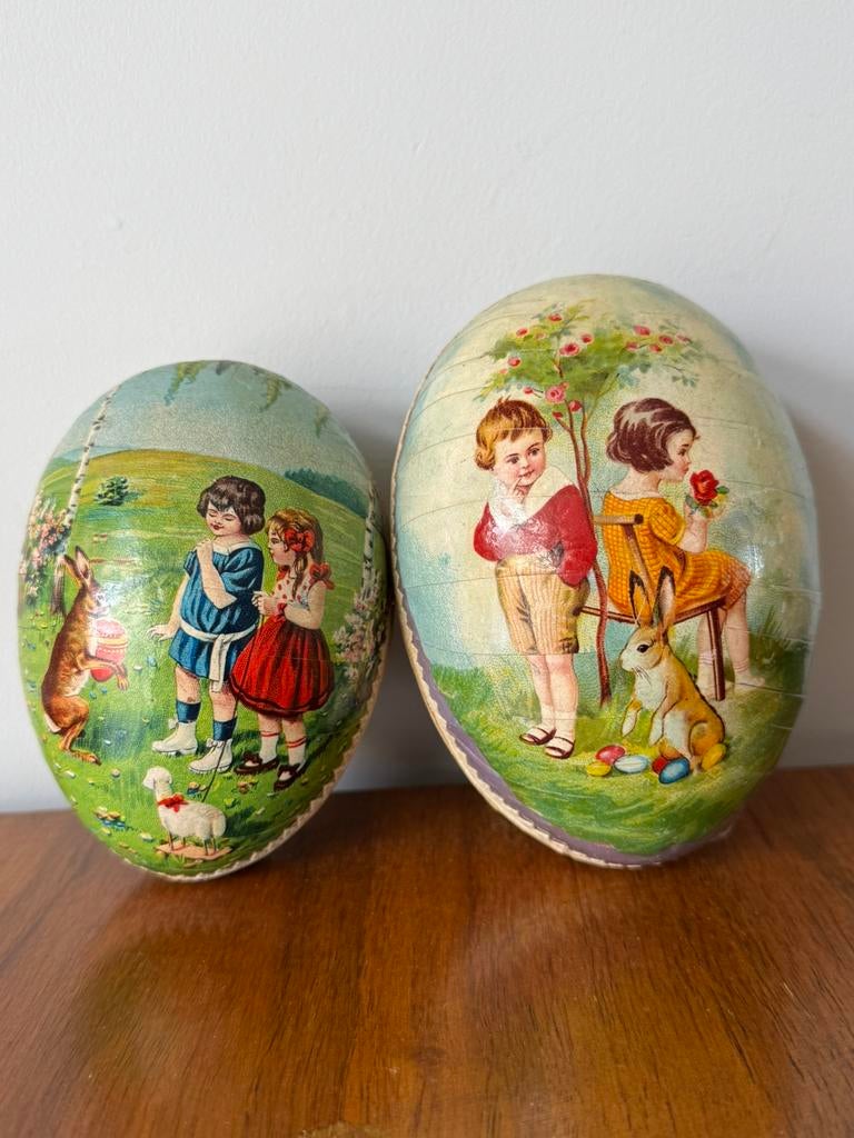 2 antieke papier-mache paaseieren paas eieren pasen, Ophalen of Verzenden