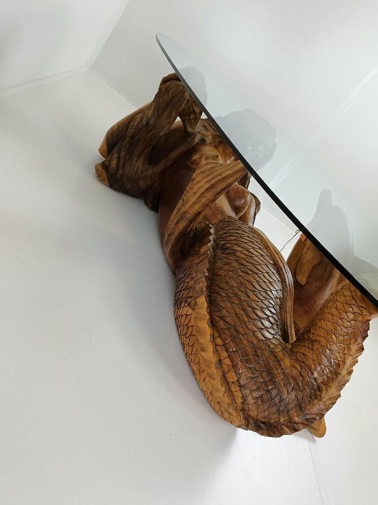 vintage zeemeermin salontafel met glazen blad, Ophalen of Verzenden