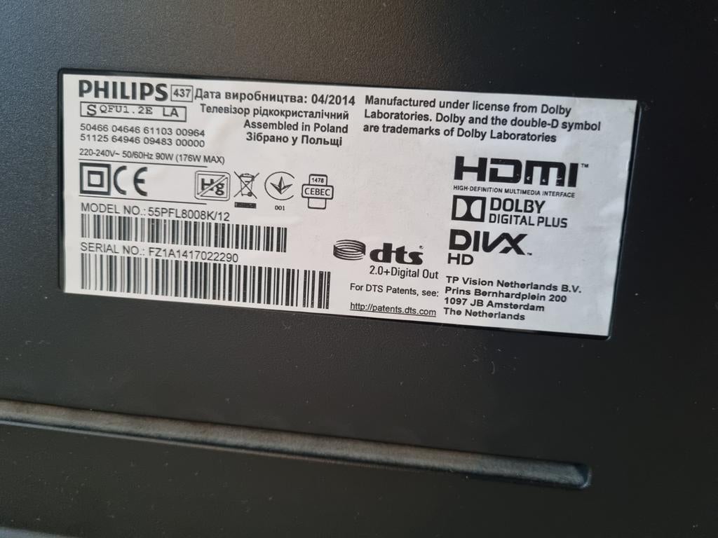 Philips TV 55PFL8008K/ onderdelen, Ophalen