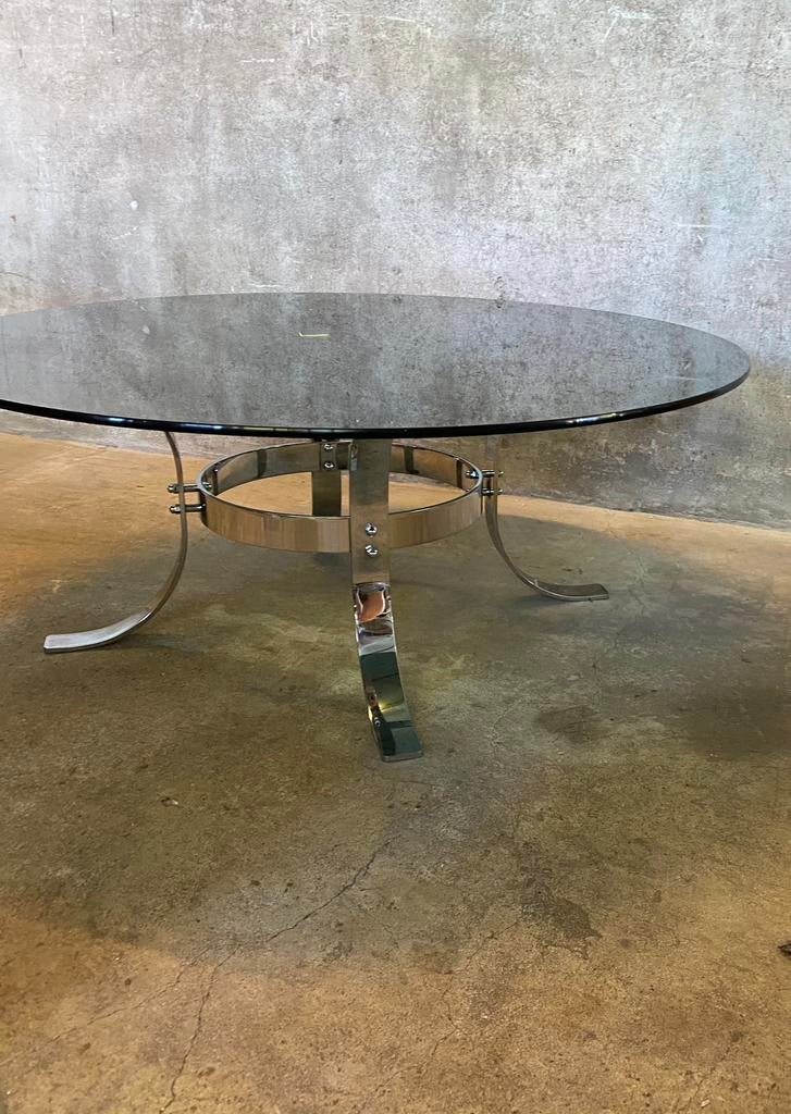 Space Age salontafel met chromen onderstel en rookglas blad, Gebruikt, Glas, Onbekend, Onbekend