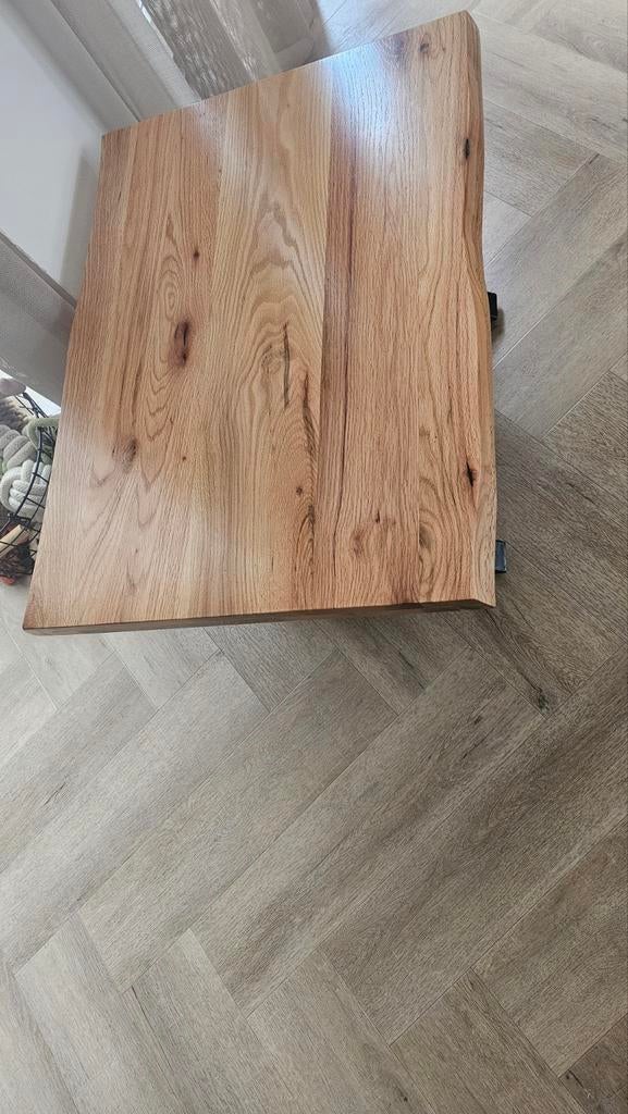 Massief eiken salontafel met metalen poten, Ophalen, 50 tot 100 cm, 50 tot 100 cm, Zo goed als nieuw
