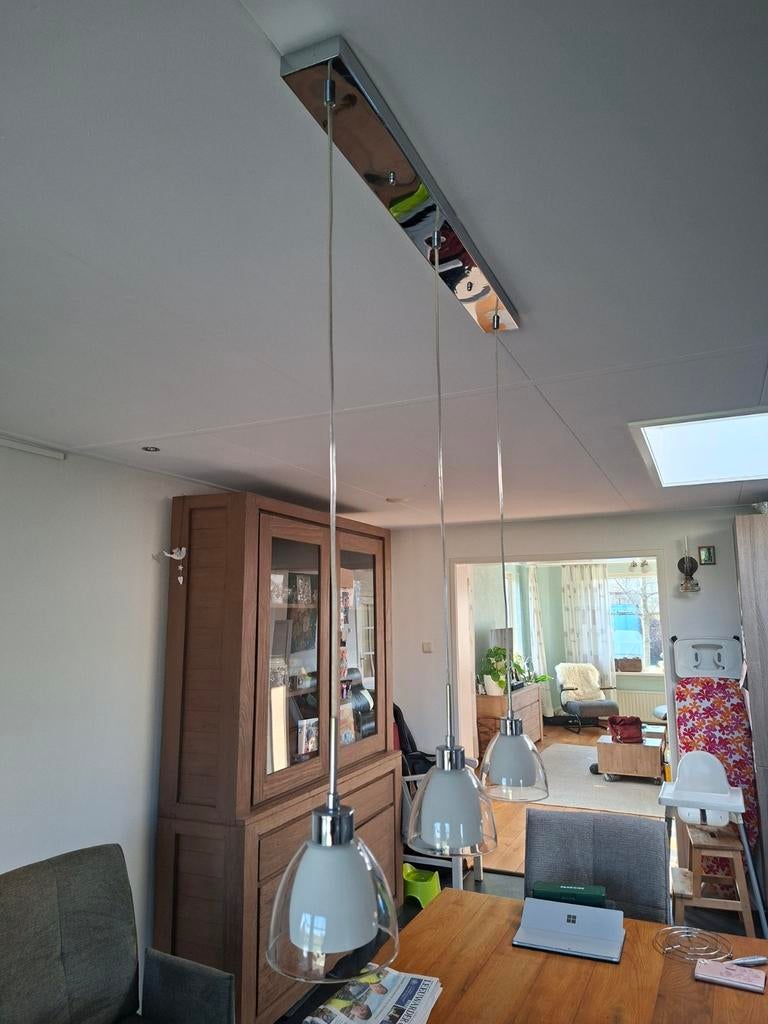 Moderne hanglamp met 3 kelken voor eettafel, Ophalen, Gebruikt, Glas, 75 cm of meer