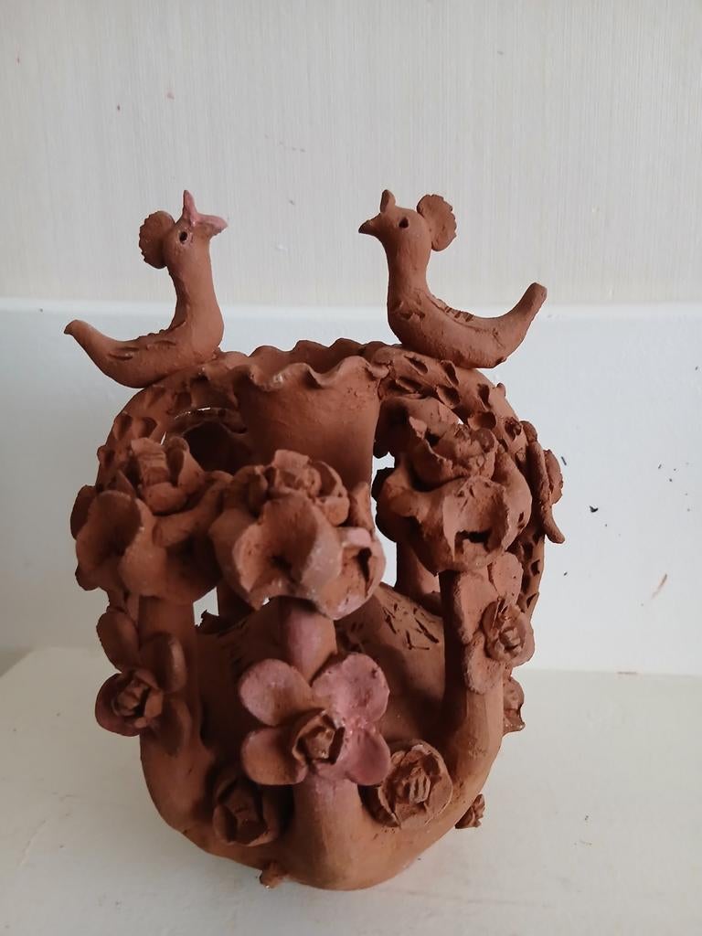 Volkskunst klei vaas Sofronia Phini Cypres bloemen vogels, Ophalen of Verzenden