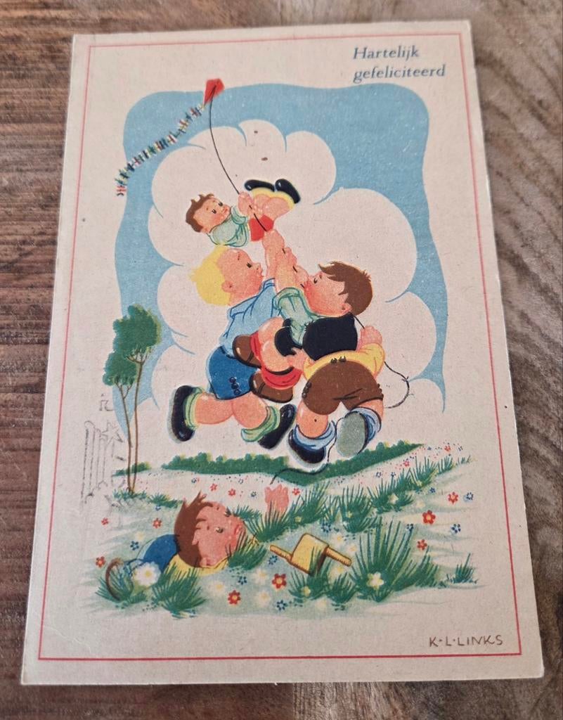 Kinderen spelen met vlieger - Karel Links, Verzamelen, Ansichtkaarten | Themakaarten, Verzenden, 1940 tot 1960, Gelopen, Kinderen