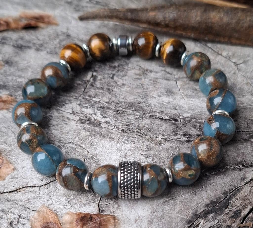 Nieuwe 10mm herenarmband van Cloisonne en Tijgeroog., Overige materialen, Met bedels of kralen, Blauw, Nieuw