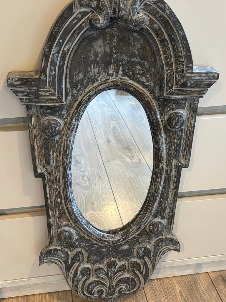 Ossenoog spiegel met houten frame - grijstinten, Ophalen, Minder dan 50 cm, Gebruikt, Minder dan 100 cm