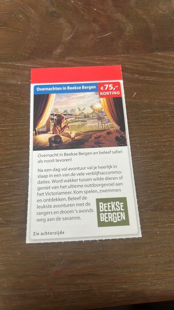75 euro korting bij beekse bergen, Tickets en Kaartjes, Kortingen en Cadeaubonnen, Drie personen of meer, Kortingsbon