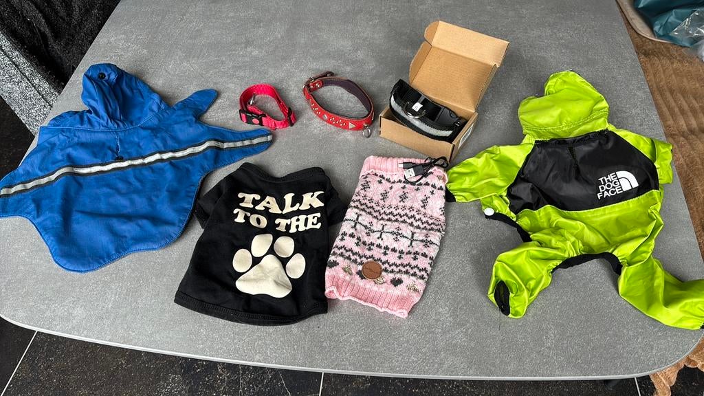 Hondenkleding met regenjasje en halsbandjes voor kleine hond, Dieren en Toebehoren, Hondenkleding, Ophalen of Verzenden, Zo goed als nieuw