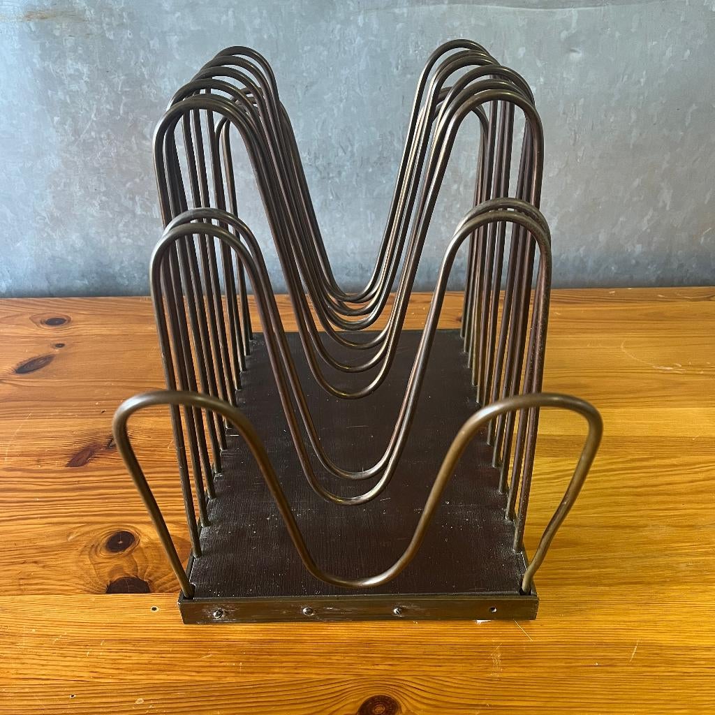 antiek art deco rek krantenrek messing en hout, Messing, Gebruikt, Krantenrek, Antiek