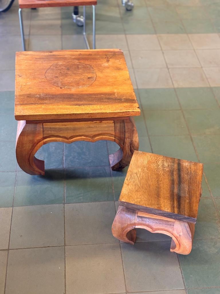 Vintage Opium Bijzettafels Bruin Massief Hout Set van 2, Ophalen, Minder dan 45 cm, Minder dan 55 cm, Gebruikt