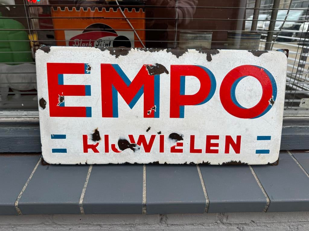 Empo Rijwielen reclamebord emaille, Ophalen, Gebruikt, Reclamebord