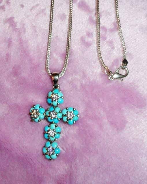 Ketting Kruis Turkoois Zirkonia 925 Zilver, Met edelsteen, Ophalen of Verzenden, Zo goed als nieuw, Zilver