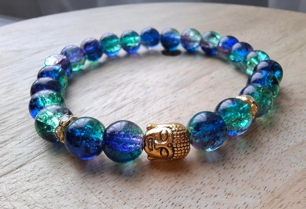 Armband buddha 8 mm glaskralen blauw groen paars boeddha, Overige materialen, Blauw, Nieuw, Ophalen of Verzenden