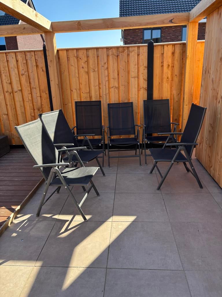 Zes tuinstoelen met vijf kussens, Ophalen, Gebruikt, Textileen, Inklapbaar