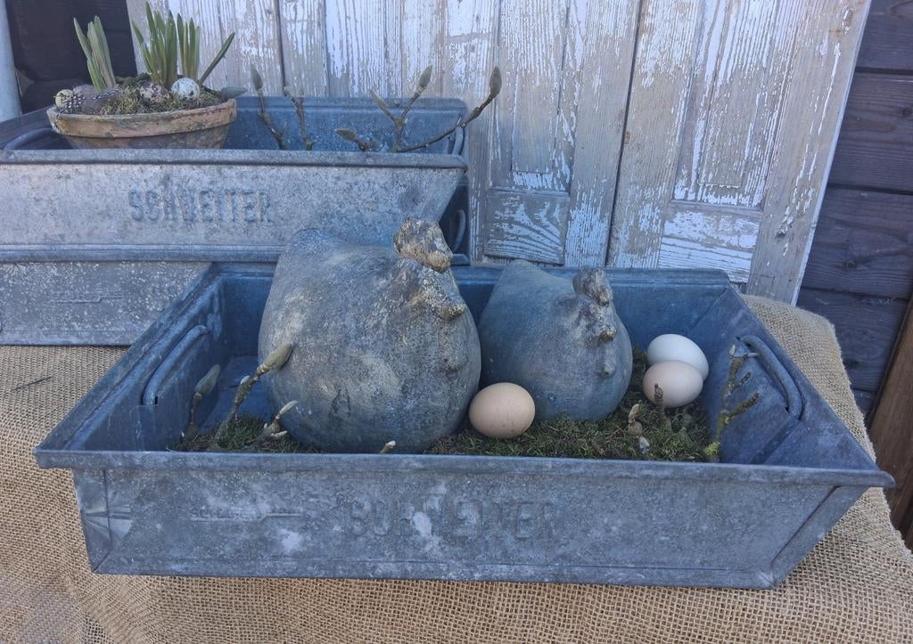 Zinken magazijnbak / dienblad, brocante - Debrocantekip, Ophalen of Verzenden