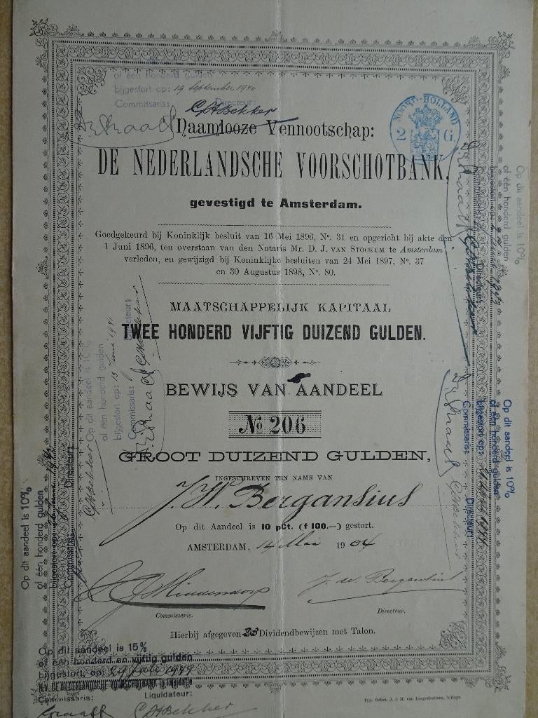 Aandeel de Nederlandsche Voorschotbank. Amsterdam 1904, Postzegels en Munten, Aandelen en Waardepapieren, Ophalen of Verzenden