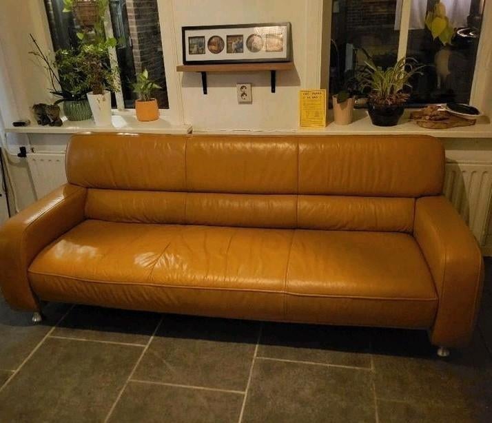 Massiev Cognac leren 3-zits bank – modern design – echt leer, Ophalen, Gebruikt, Tweepersoons, 200 tot 250 cm