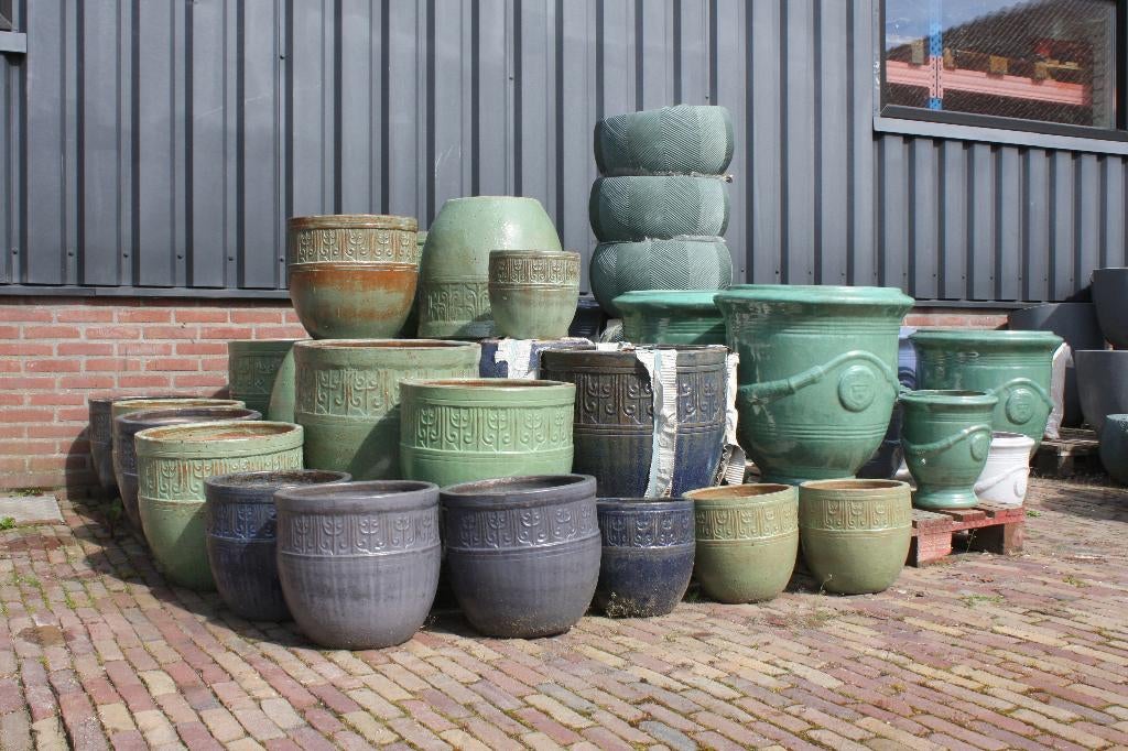 Nieuwe aardewerk bloempotten geglazuurd groen en blauw, Ophalen, 40 cm of meer, Rond, Nieuw