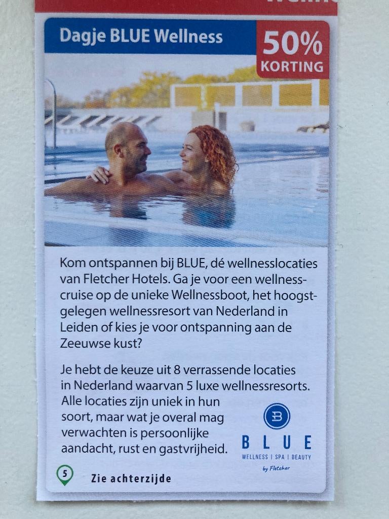 Kortingsbon dagje sauna Blue Wellness- Fletcher, Tickets en Kaartjes, Kortingen en Cadeaubonnen, Twee personen, Spa of Sauna, Kortingsbon