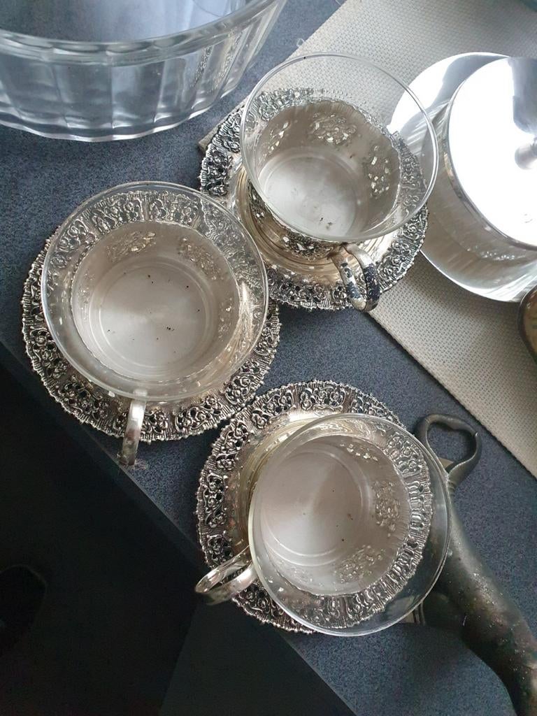 Set van 3 Vintage Glazen Kopjes met Zilveren Houders, Antiek en Kunst, Antiek | Goud en Zilver, Ophalen of Verzenden, Zilver