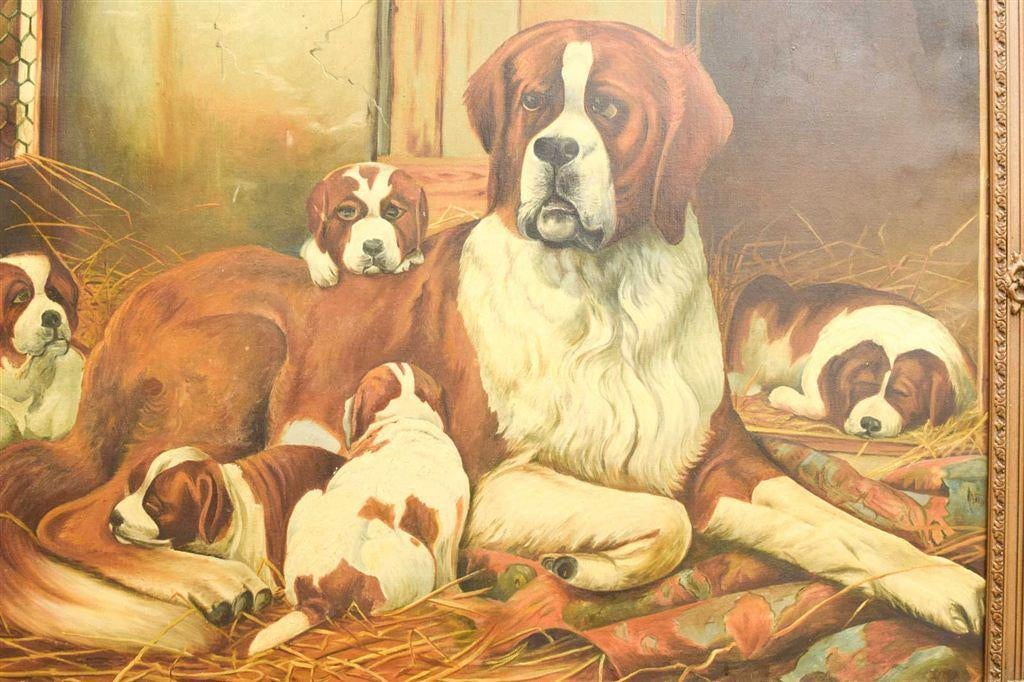 Schilderij met lampje st Bernard met haar puppy's 49106, Minder dan 50 cm, Gebruikt, Ophalen of Verzenden, Schilderij