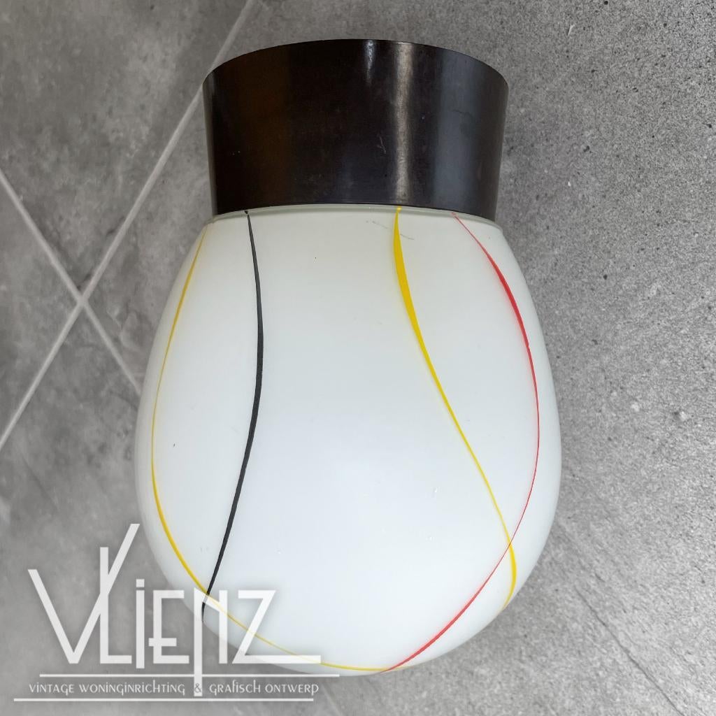 Vintage, midcentury, art deco plafondlamp lamp strepen, Huis en Inrichting, Lampen | Plafondlampen, Gebruikt, Glas, Kunststof