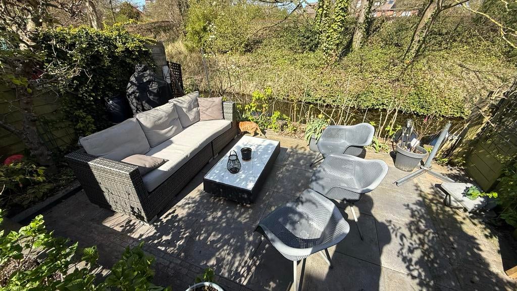 Tuinbank 3 zits rotan met all weather kussens, Ophalen, Gebruikt, Rotan, 3 zitplaatsen