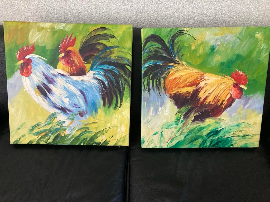 Twee schilderijen met hanen, Ophalen of Verzenden