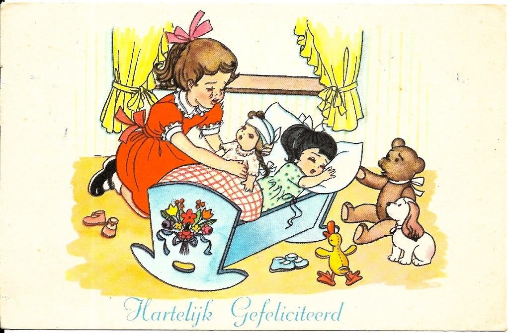 Ansichtkaart	Felicitatiekaart	Meisje	met poppen en beer, Verzenden, 1940 tot 1960, Ongelopen, Kinderen