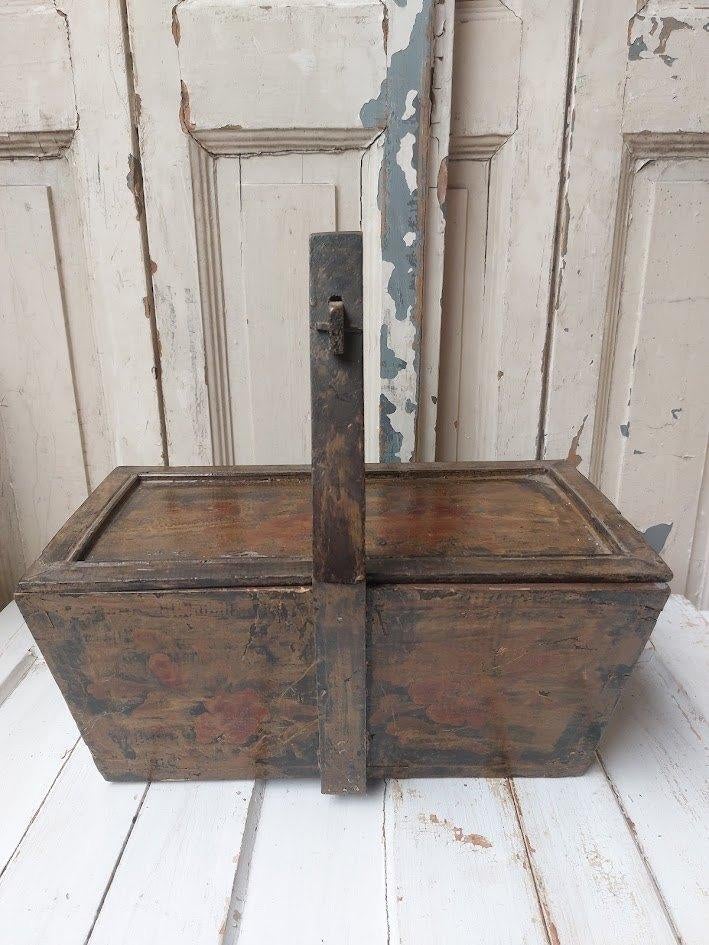 Antieke houten bak met bloemen folk art, Antiek en Kunst, Ophalen of Verzenden