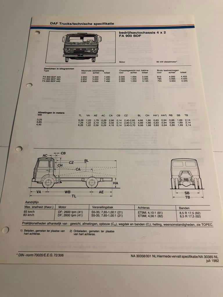 Technische specificatie DAF FA 900, Boeken, Ophalen of Verzenden, Zo goed als nieuw, Overige merken, DAF