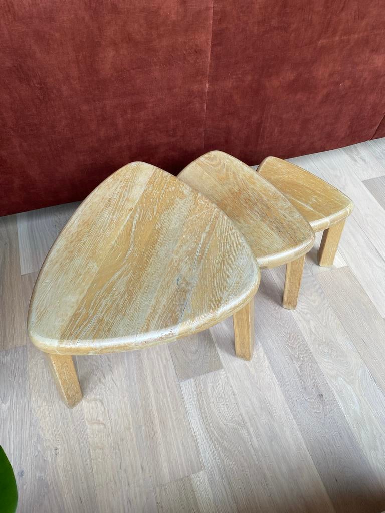 Eiken hardhouten mimiset - 3 bijzettafels nesting tafeltjes, Huis en Inrichting, Ophalen of Verzenden, Gebruikt, Overige vormen