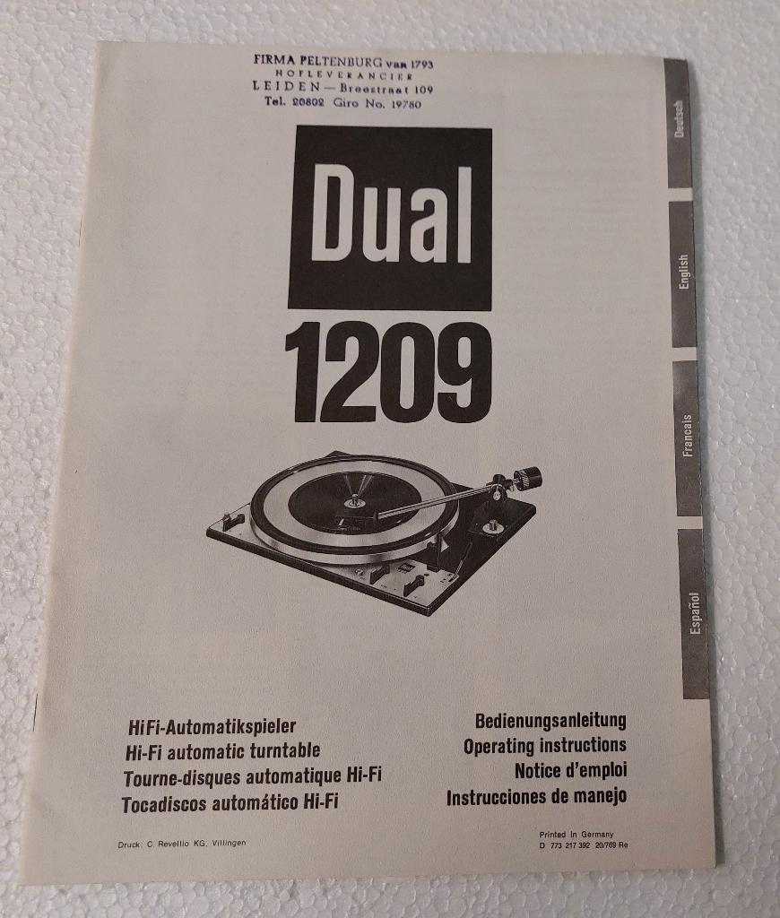 Dual 1209 GEBRUIKSAANWIJZING Platenspeler + versterker TVV46, Verzenden, Gebruikt, Dual
