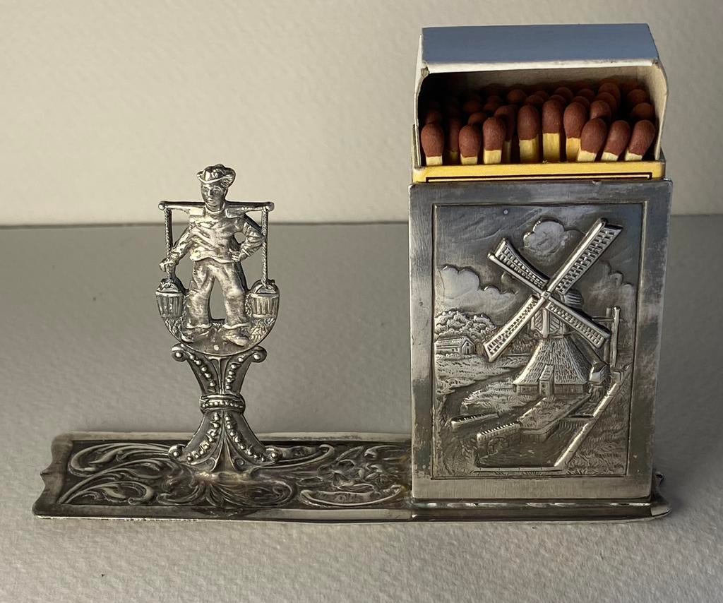 Verzilverde lucifer doosje houder “Molen / 2 emmertjes water, Ophalen of Verzenden