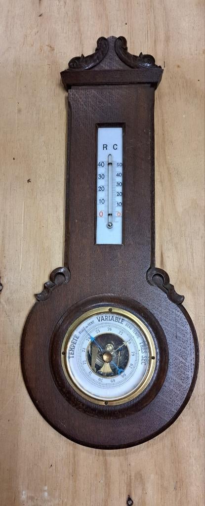 Barometer/thermometer in eikenhout 47x20 cm, Ophalen of Verzenden, Gebruikt
