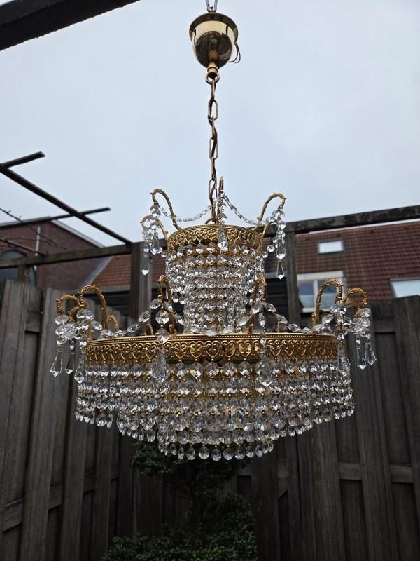 Hanglamp, kroonluchter, Hollywood regency, kristal, set 2x, Huis en Inrichting, Ophalen, 50 tot 75 cm, Glas, Hollywood regency, Vintage