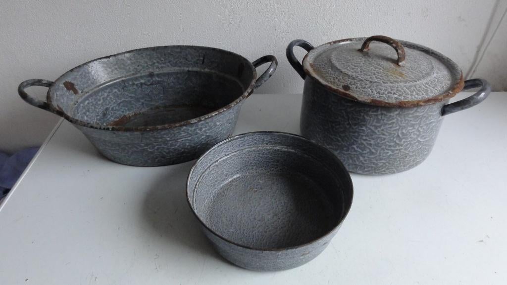Teiltje, pan en kom grijs gewolkt emaille antiek, Antiek en Kunst, Antiek | Emaille, Ophalen of Verzenden