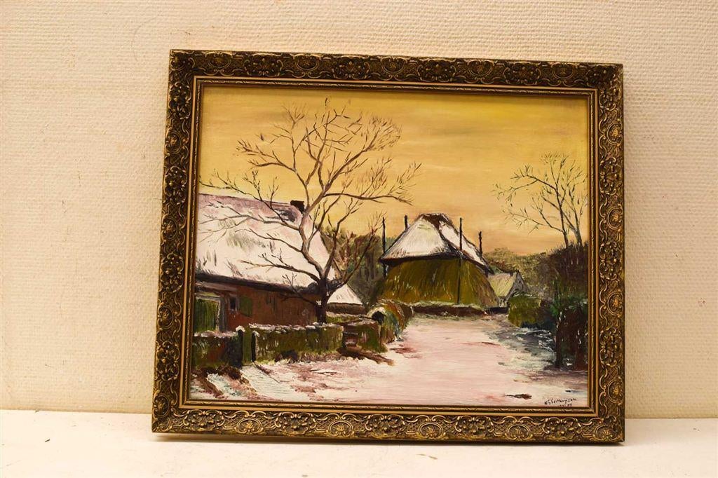 Schilderij van een boerderij en een hooiberg in de winter 49, Minder dan 50 cm, Gebruikt, Ophalen of Verzenden, Schilderij