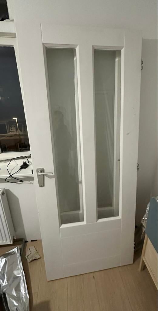 Stompe binnendeur met glas en deurbeslag, Ophalen, Gebruikt, 80 tot 100 cm, Binnendeur