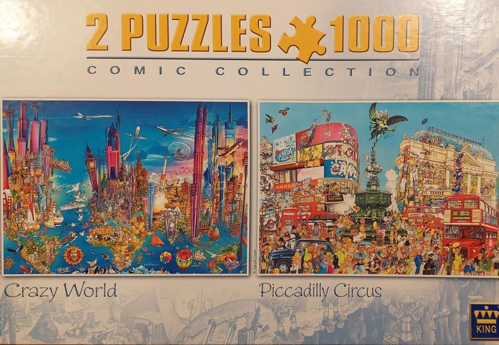 2 puzzels 1000 stukjes, Crazy World en Picadilly Cir us, Ophalen, 500 t/m 1500 stukjes, Zo goed als nieuw